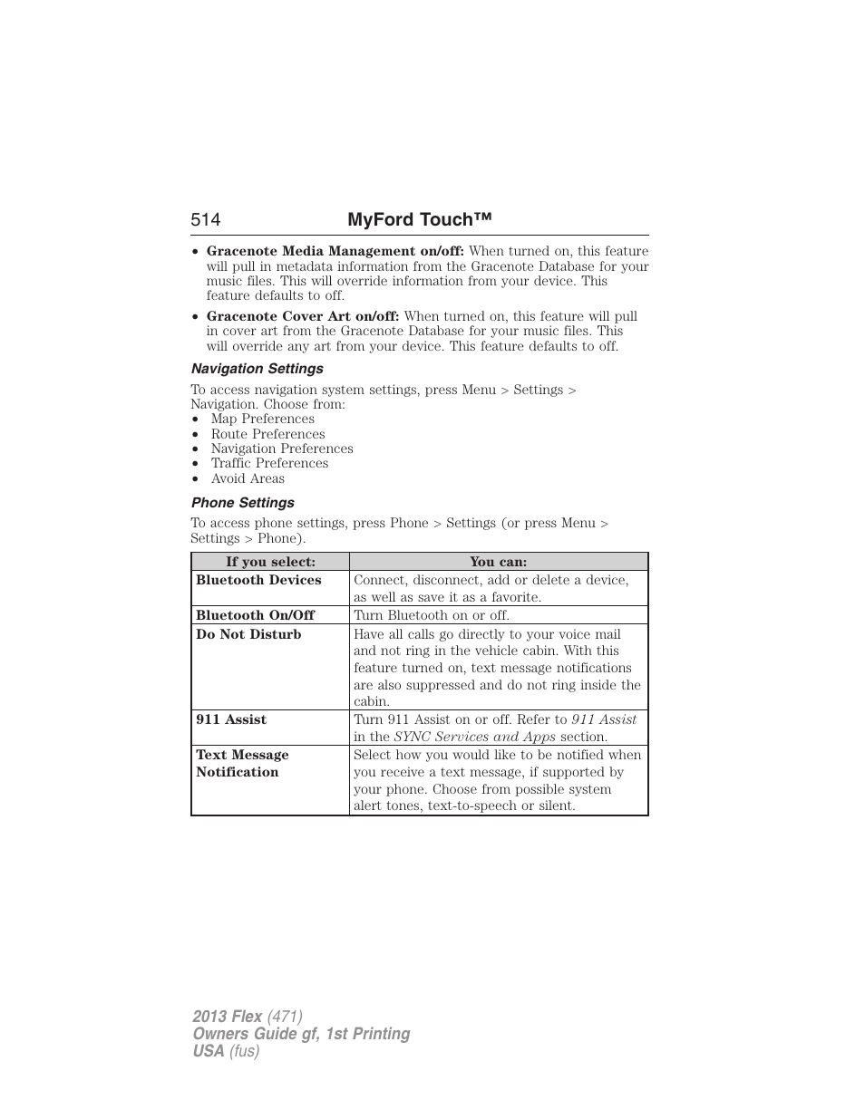 Navigation settings, Phone settings, 514 myford touch | FORD 2013 Flex v.1 User Manual | Page 514 / 558