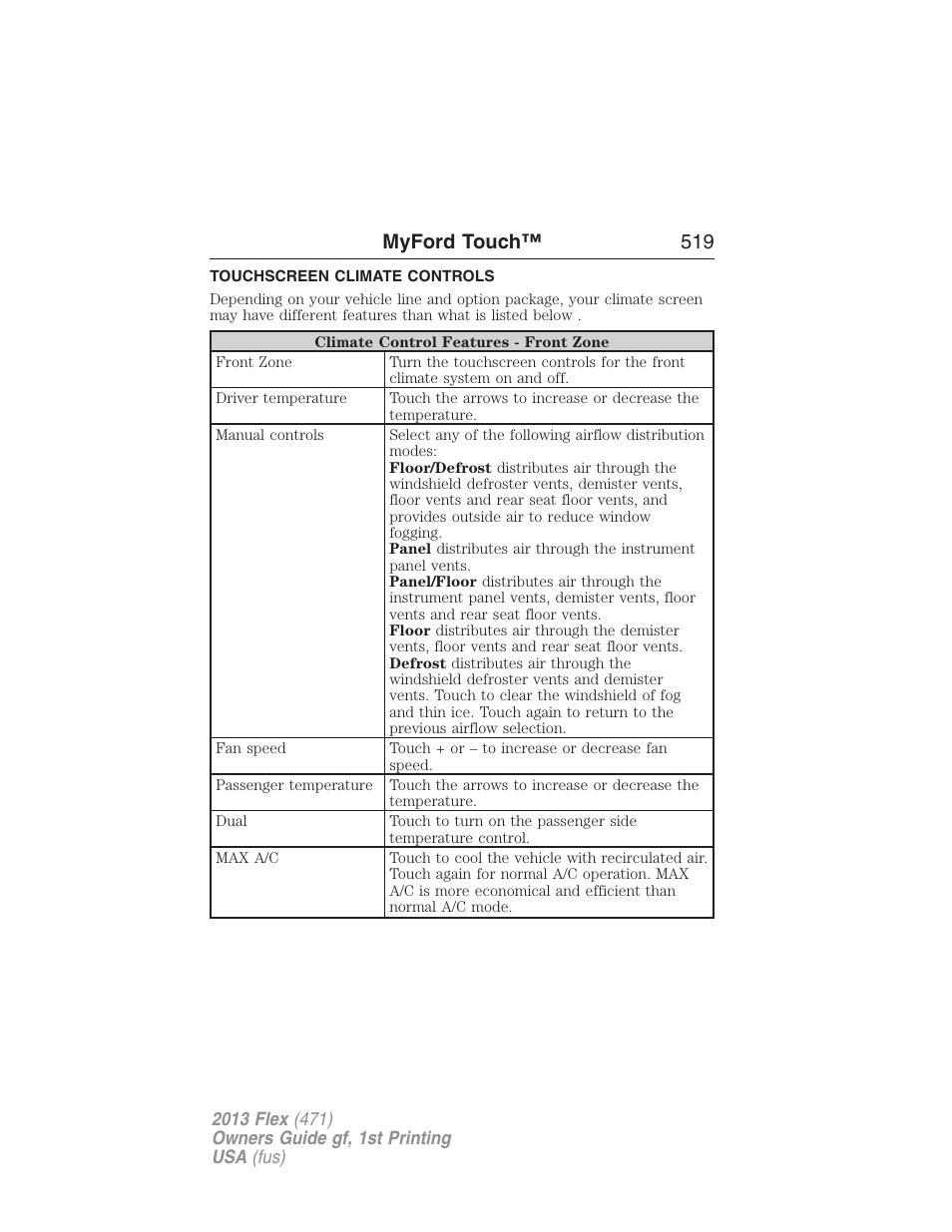 Touchscreen climate controls, Myford touch™ 519 | FORD 2013 Flex v.1 User Manual | Page 519 / 558