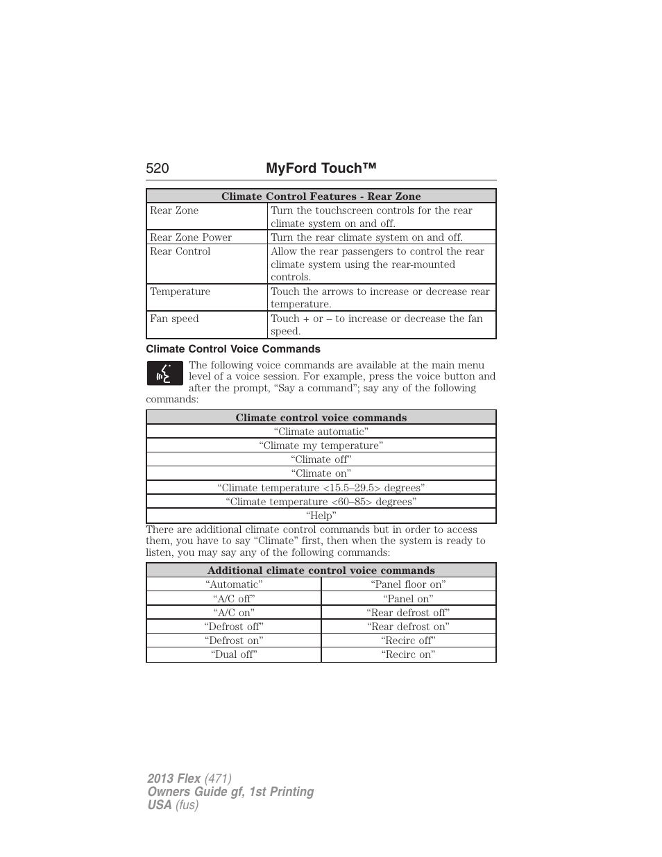 Climate control voice commands, 520 myford touch | FORD 2013 Flex v.1 User Manual | Page 520 / 558