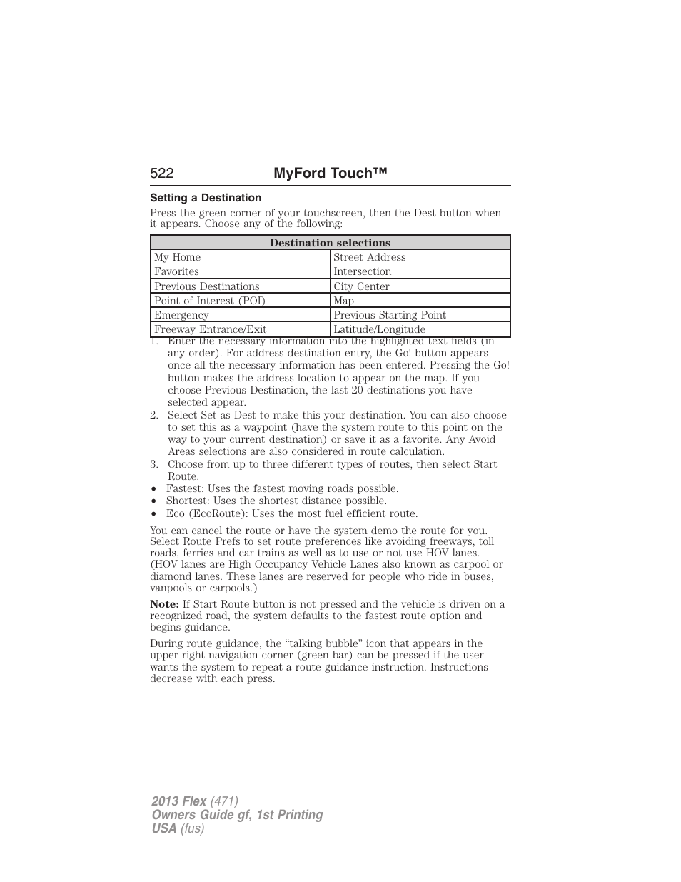 Setting a destination, 522 myford touch | FORD 2013 Flex v.1 User Manual | Page 522 / 558