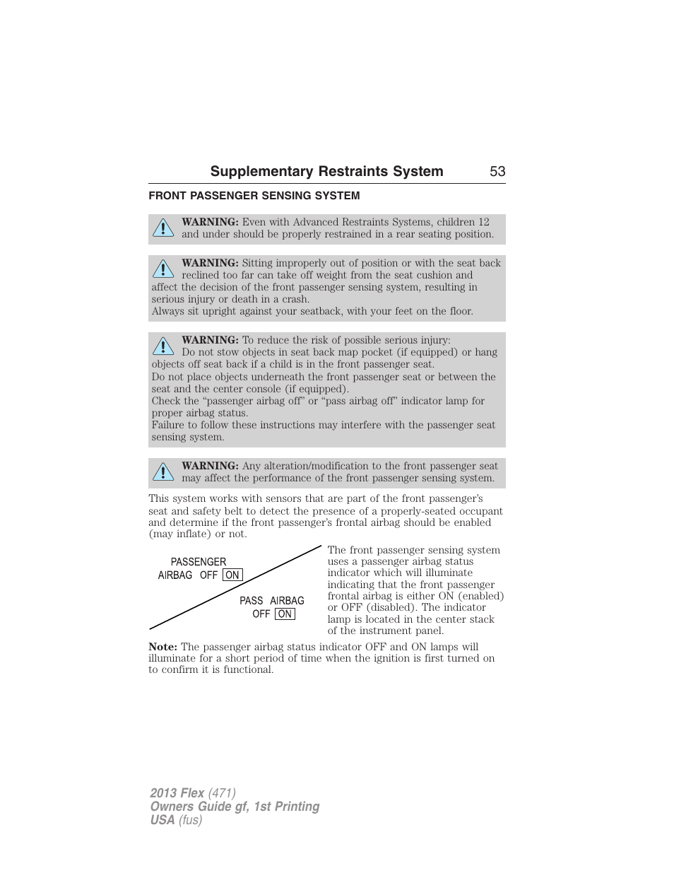 Front passenger sensing system, Supplementary restraints system 53 | FORD 2013 Flex v.1 User Manual | Page 53 / 558