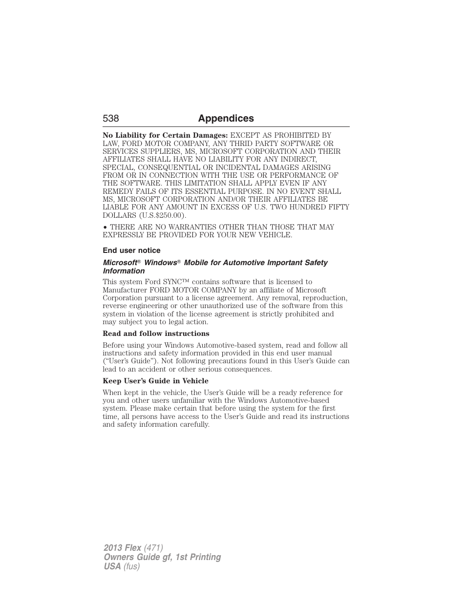 End user notice, 538 appendices | FORD 2013 Flex v.1 User Manual | Page 538 / 558