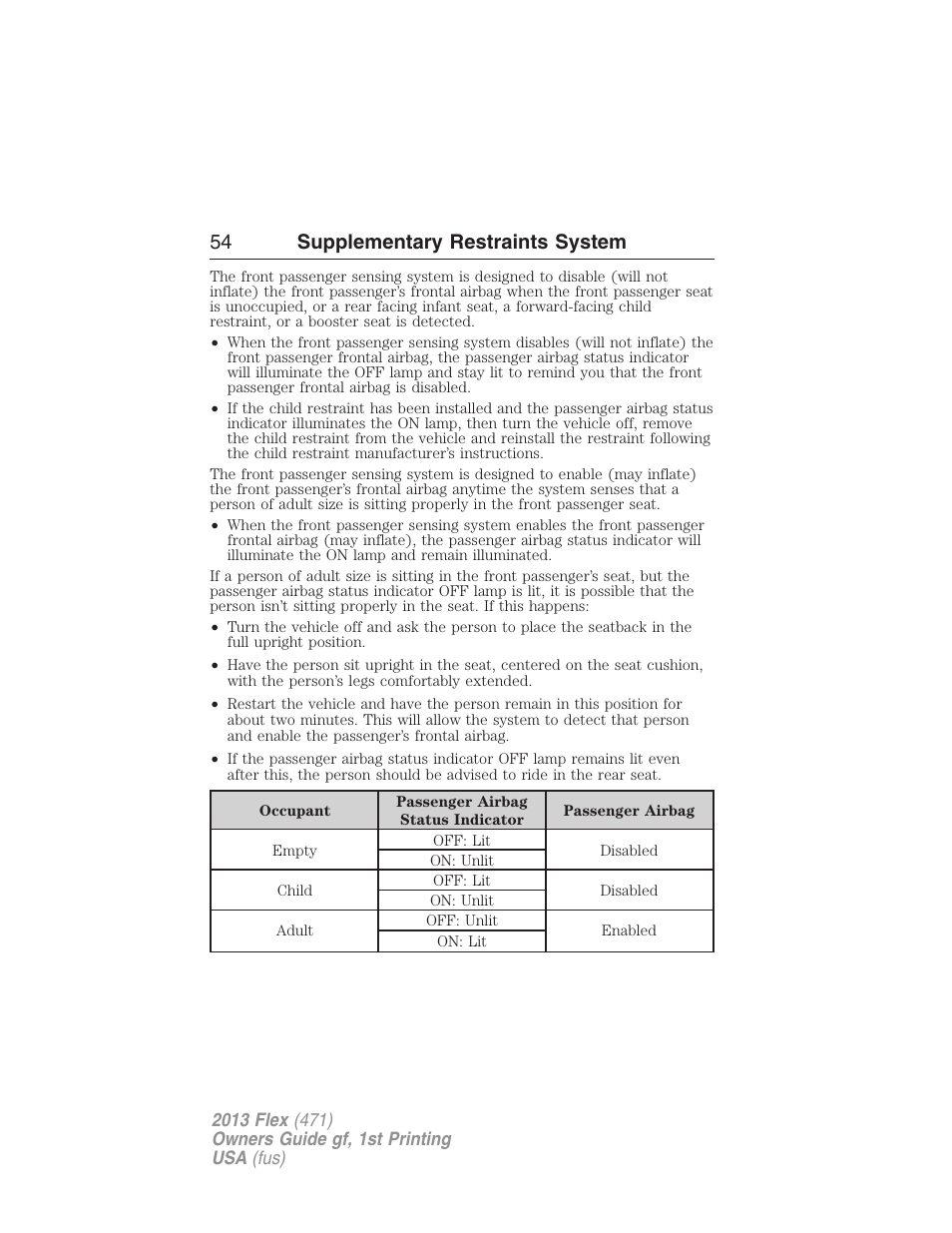 54 supplementary restraints system | FORD 2013 Flex v.1 User Manual | Page 54 / 558