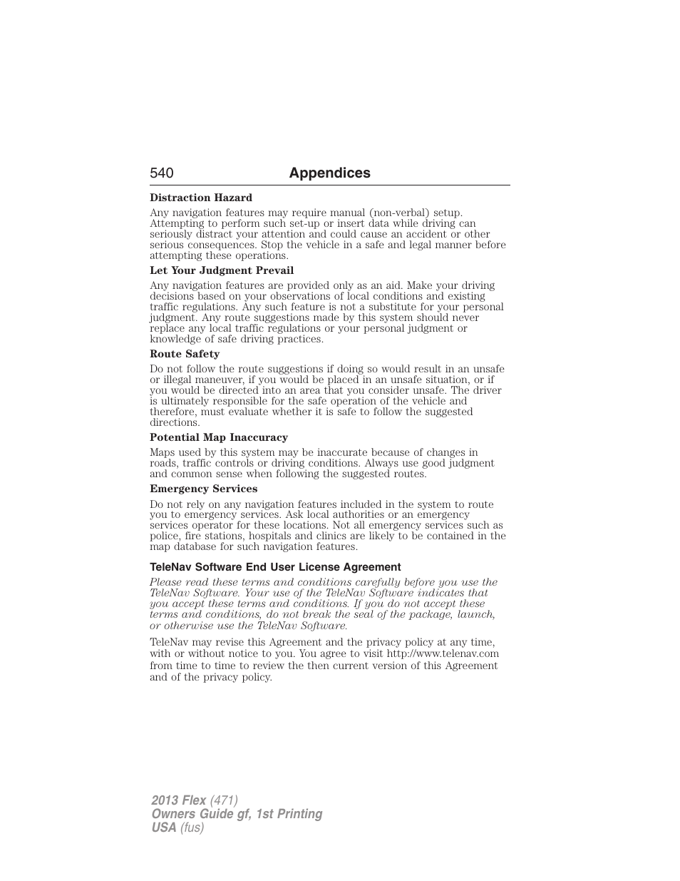 Telenav software end user license agreement, 540 appendices | FORD 2013 Flex v.1 User Manual | Page 540 / 558