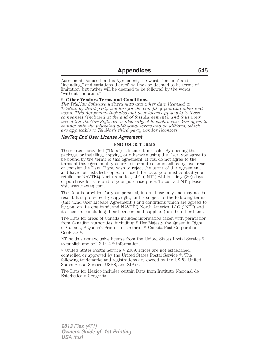 Navteq end user license agreement, Appendices 545 | FORD 2013 Flex v.1 User Manual | Page 545 / 558