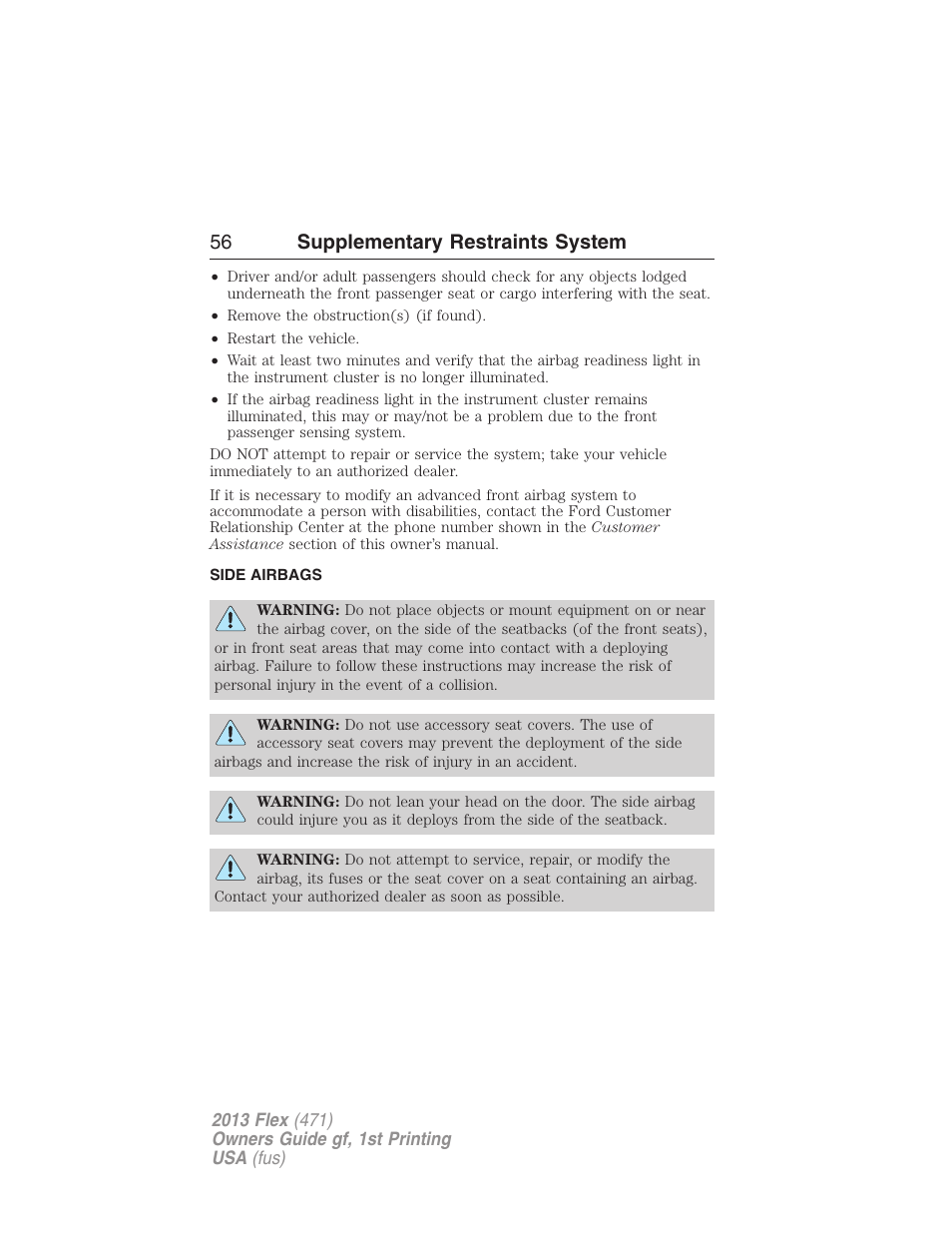 Side airbags, 56 supplementary restraints system | FORD 2013 Flex v.1 User Manual | Page 56 / 558