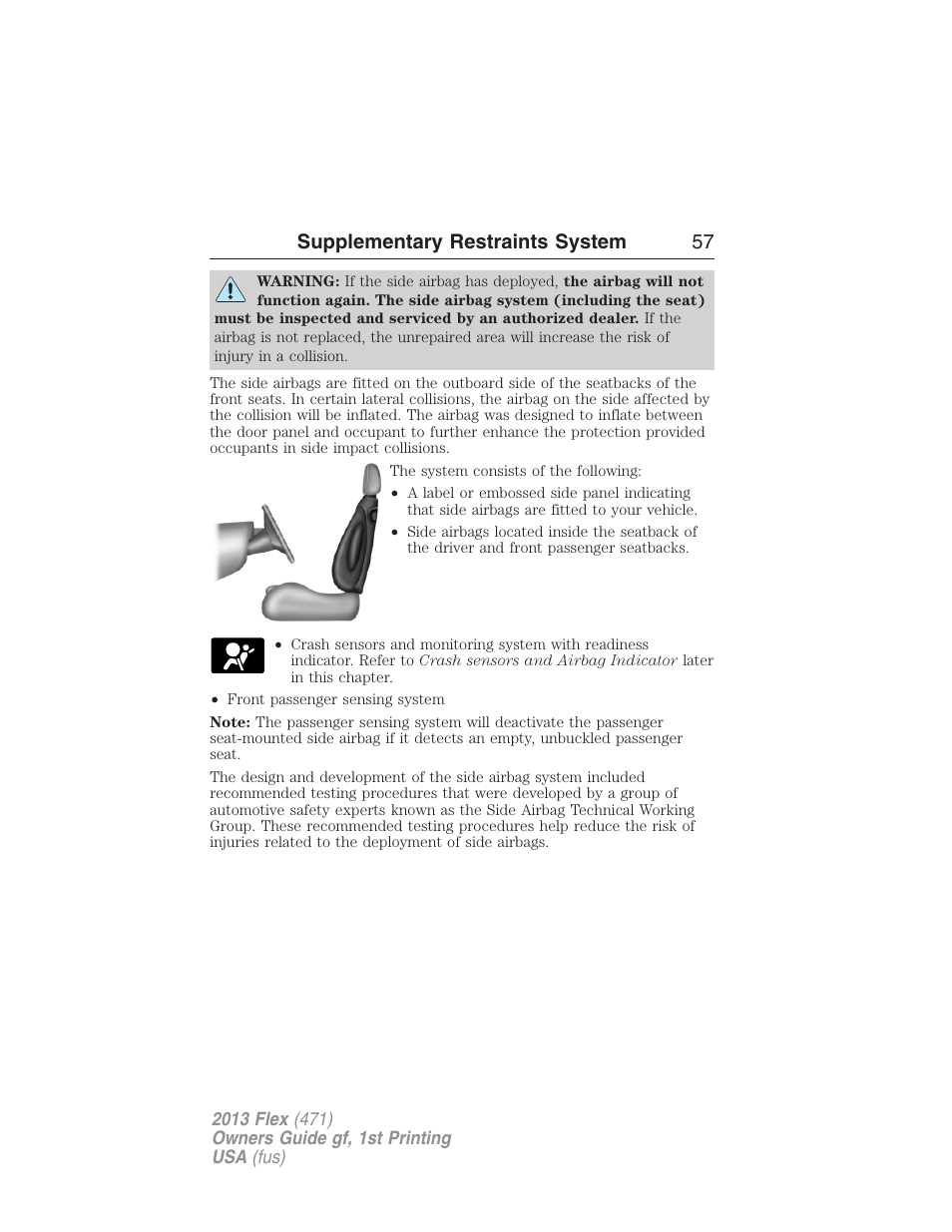 Supplementary restraints system 57 | FORD 2013 Flex v.1 User Manual | Page 57 / 558