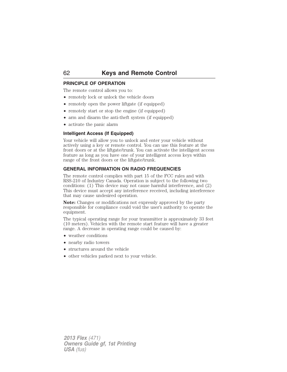 Keys and remote control, Principle of operation, Intelligent access (if equipped) | General information on radio frequencies, 62 keys and remote control | FORD 2013 Flex v.1 User Manual | Page 62 / 558