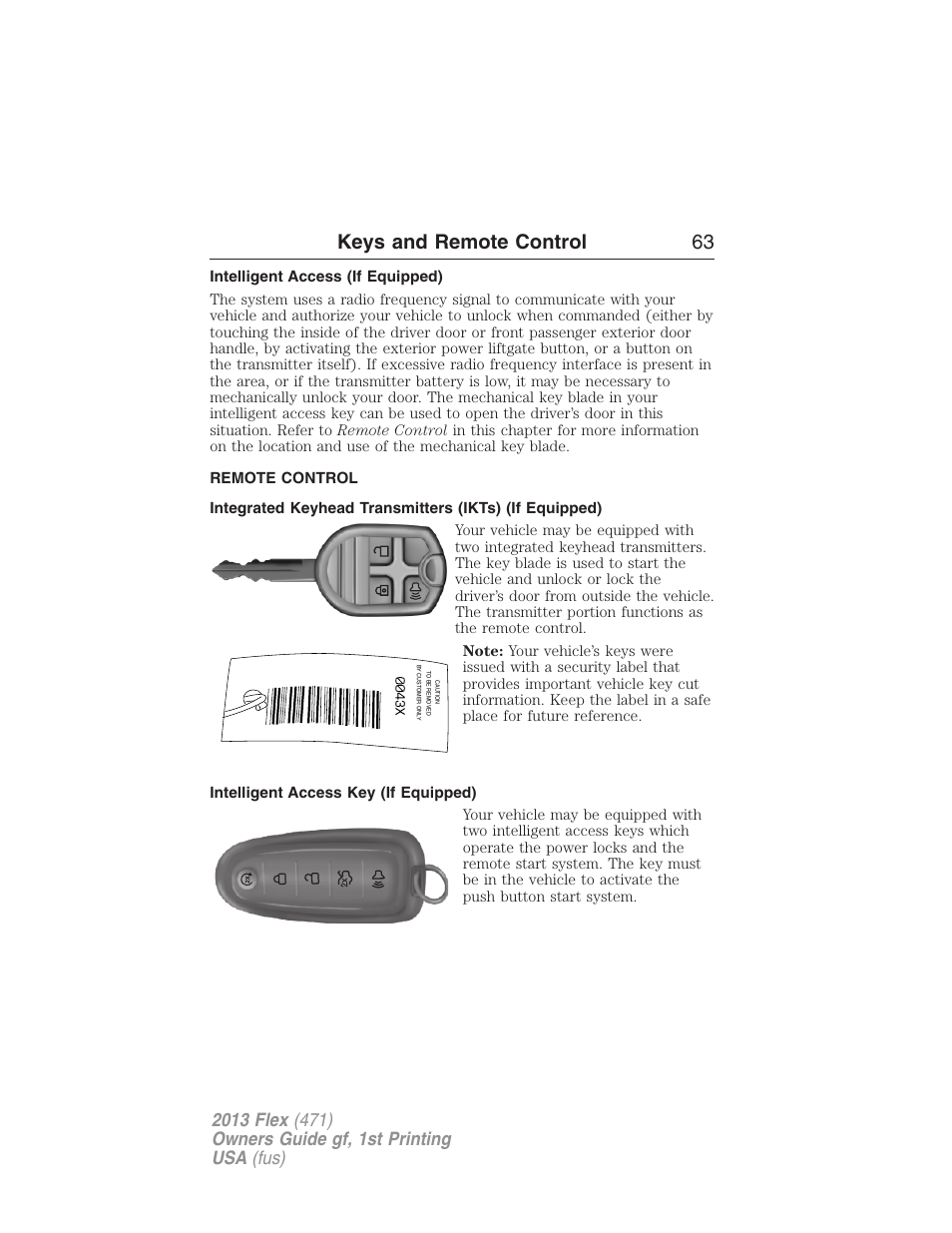 Intelligent access (if equipped), Remote control, Intelligent access key (if equipped) | Keys, Keys and remote control 63 | FORD 2013 Flex v.1 User Manual | Page 63 / 558