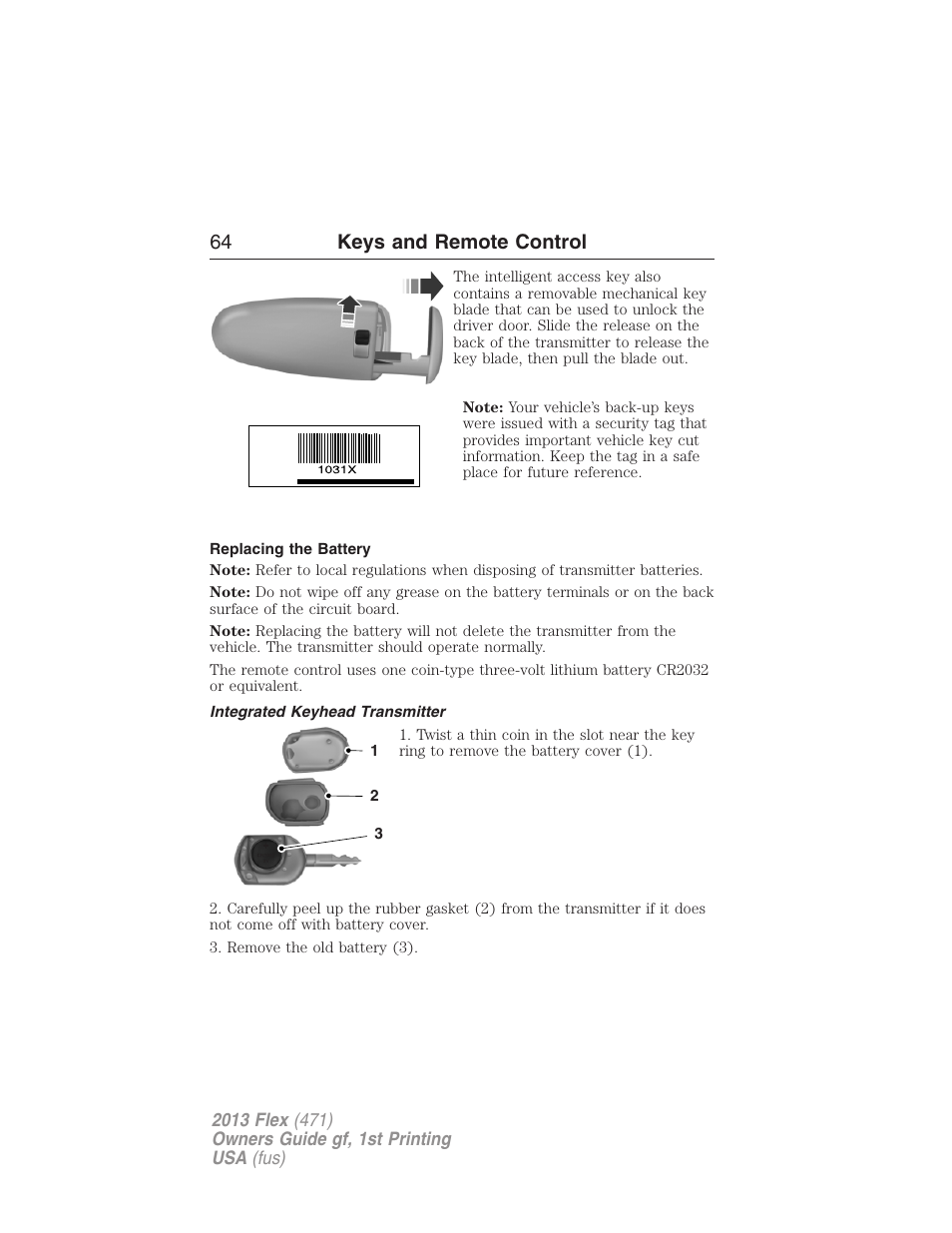 Replacing the battery, Integrated keyhead transmitter, 64 keys and remote control | FORD 2013 Flex v.1 User Manual | Page 64 / 558