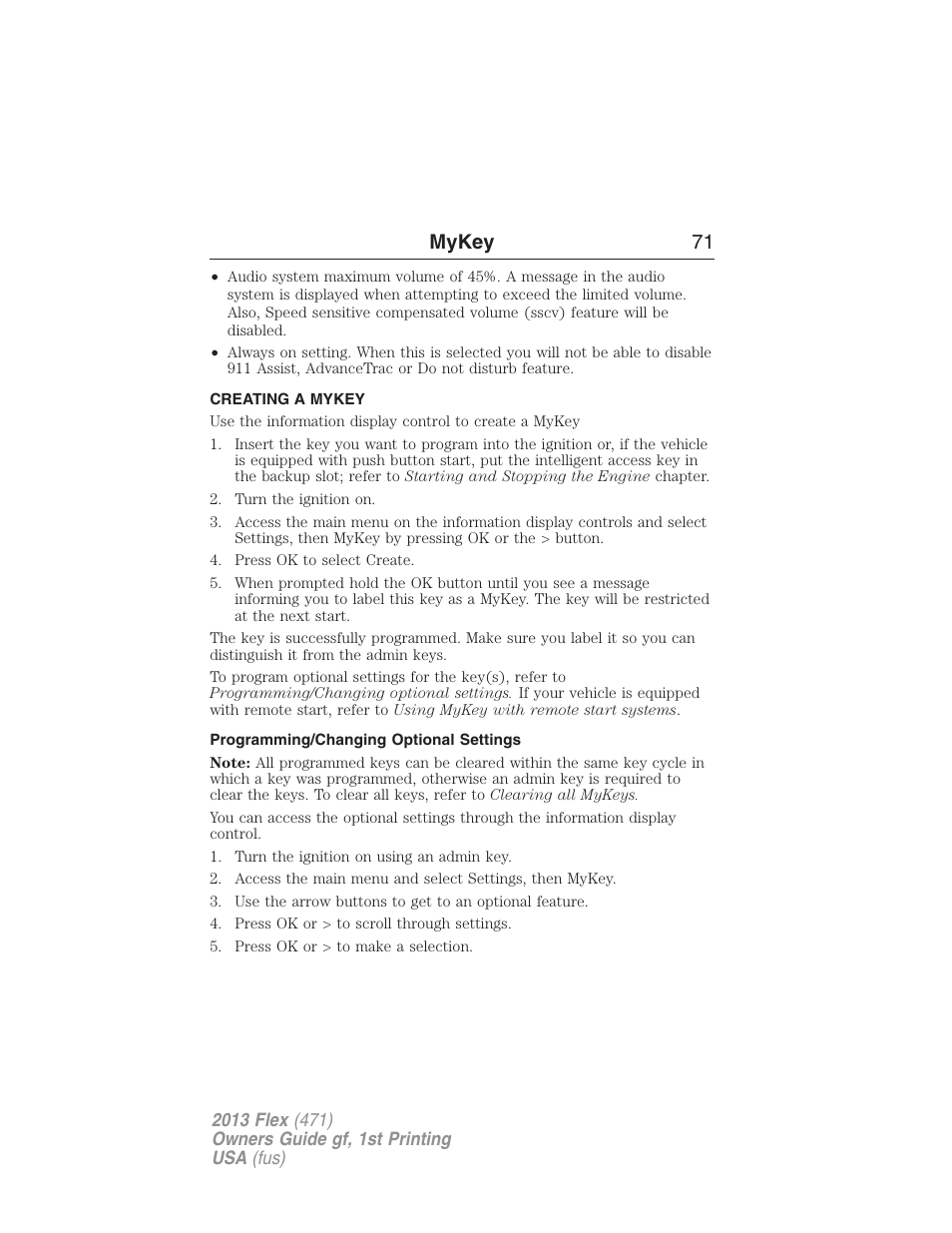Creating a mykey, Programming/changing optional settings, Creating | Mykey 71 | FORD 2013 Flex v.1 User Manual | Page 71 / 558