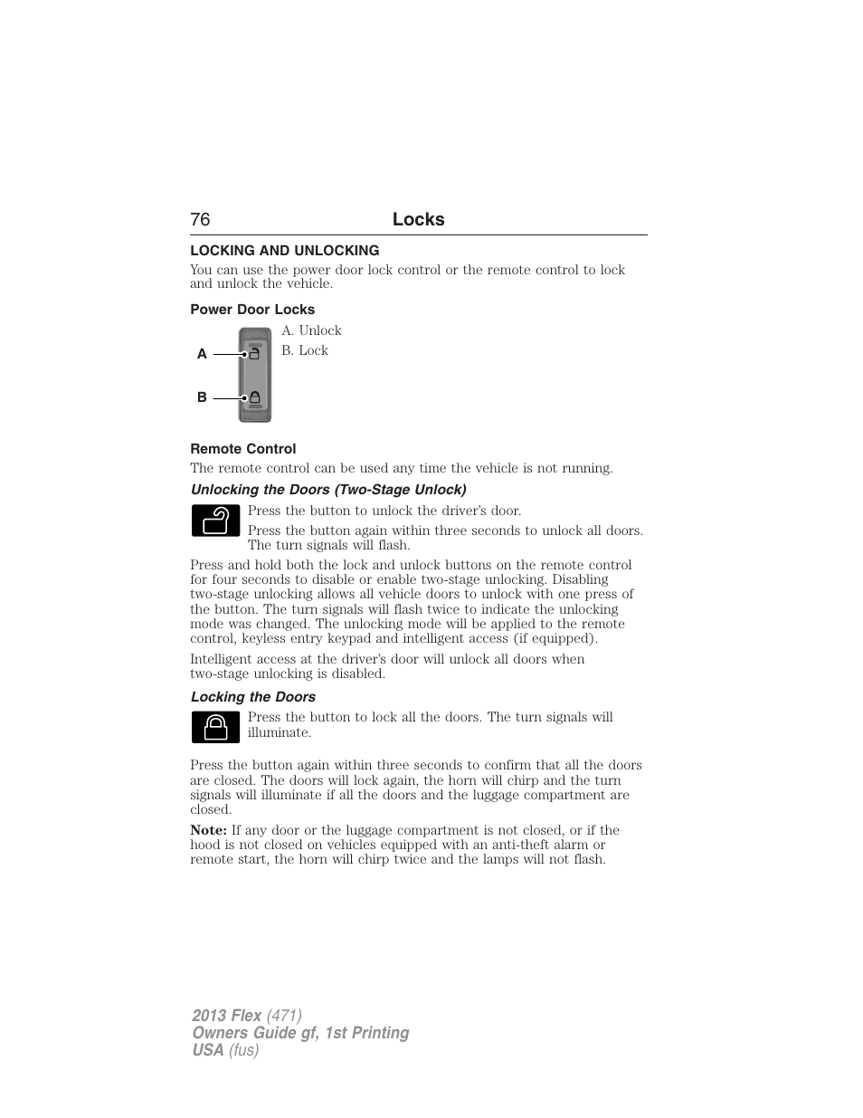 Locks, Locking and unlocking, Power door locks | Remote control, Unlocking the doors (two-stage unlock), Locking the doors, 76 locks | FORD 2013 Flex v.1 User Manual | Page 76 / 558