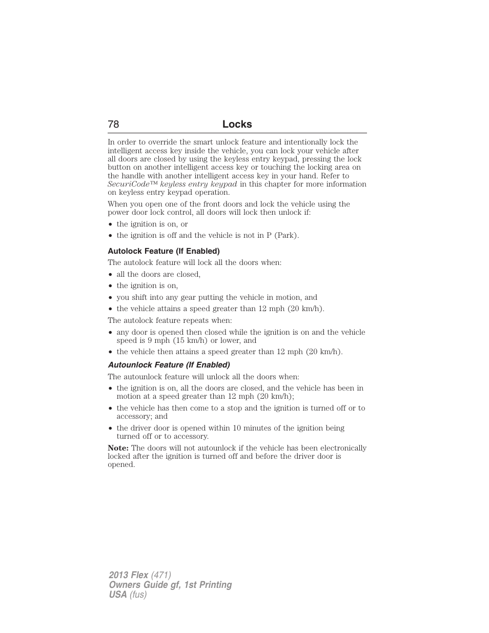 Autolock feature (if enabled), Autounlock feature (if enabled), 78 locks | FORD 2013 Flex v.1 User Manual | Page 78 / 558