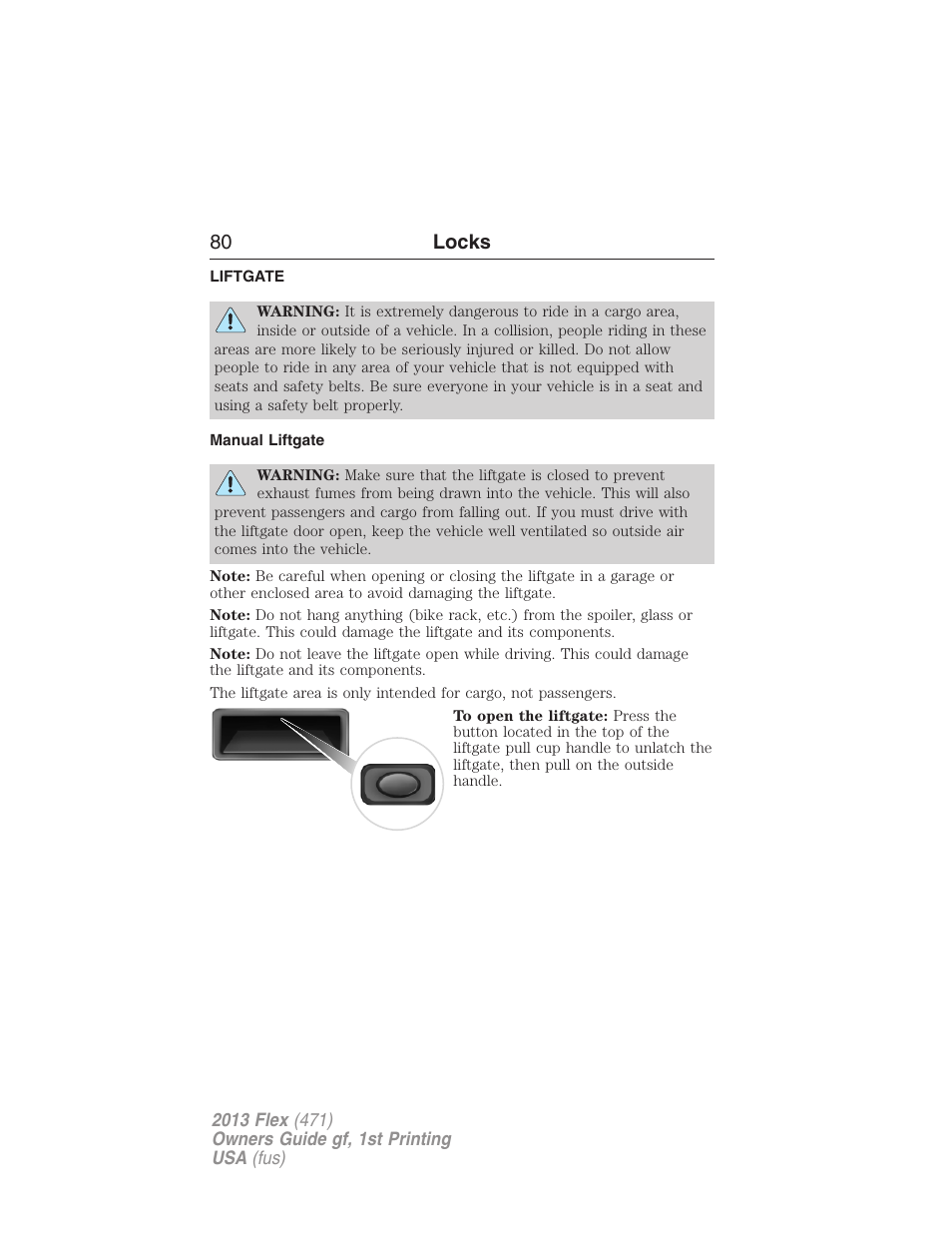 Liftgate, Manual liftgate, 80 locks | FORD 2013 Flex v.1 User Manual | Page 80 / 558
