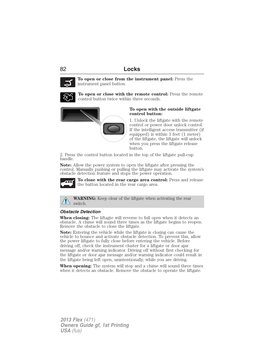 Obstacle detection, 82 locks | FORD 2013 Flex v.1 User Manual | Page 82 / 558