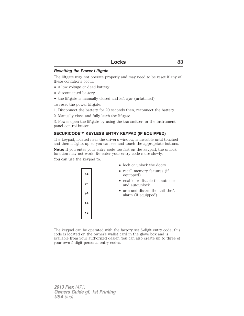 Resetting the power liftgate, Securicode™ keyless entry keypad (if equipped), Securicode™ keyless entry keypad | Locks 83 | FORD 2013 Flex v.1 User Manual | Page 83 / 558