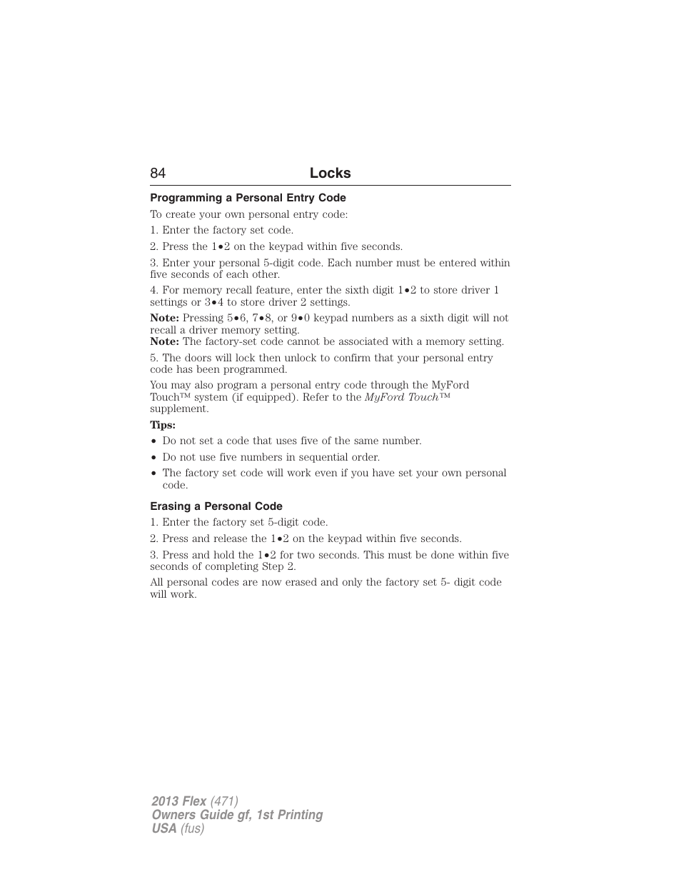 Programming a personal entry code, Erasing a personal code, 84 locks | FORD 2013 Flex v.1 User Manual | Page 84 / 558
