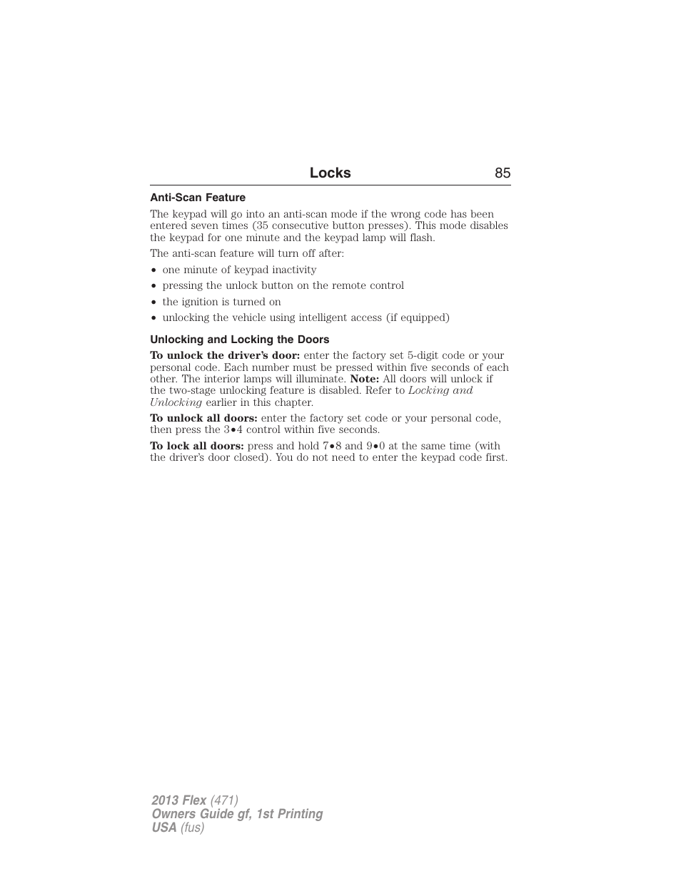 Anti-scan feature, Unlocking and locking the doors, Locks 85 | FORD 2013 Flex v.1 User Manual | Page 85 / 558