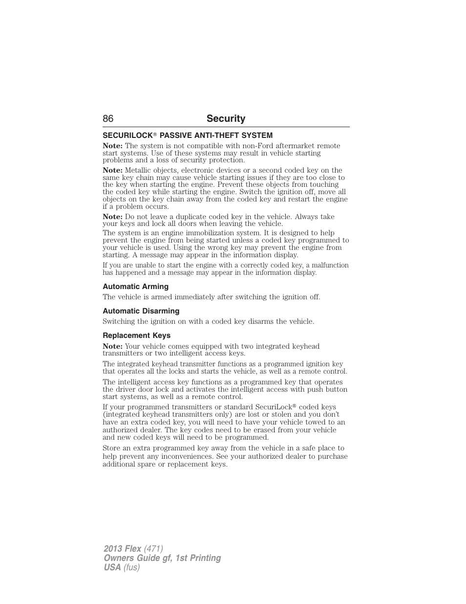 Security, Securilock? passive anti-theft system, Automatic arming | Automatic disarming, Replacement keys, Securilock, Passive anti-theft system, 86 security | FORD 2013 Flex v.1 User Manual | Page 86 / 558