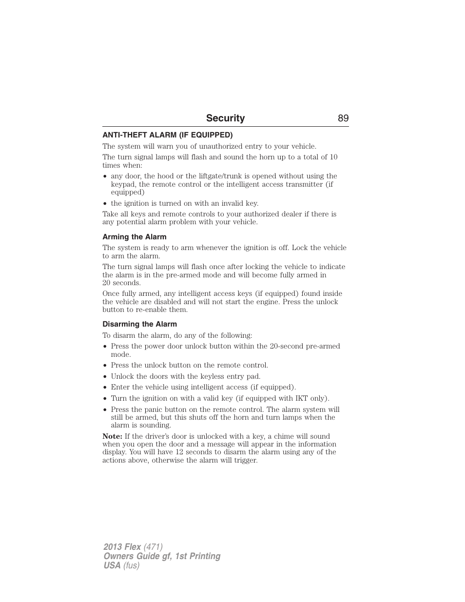 Anti-theft alarm (if equipped), Arming the alarm, Disarming the alarm | Anti-theft alarm, Security 89 | FORD 2013 Flex v.1 User Manual | Page 89 / 558