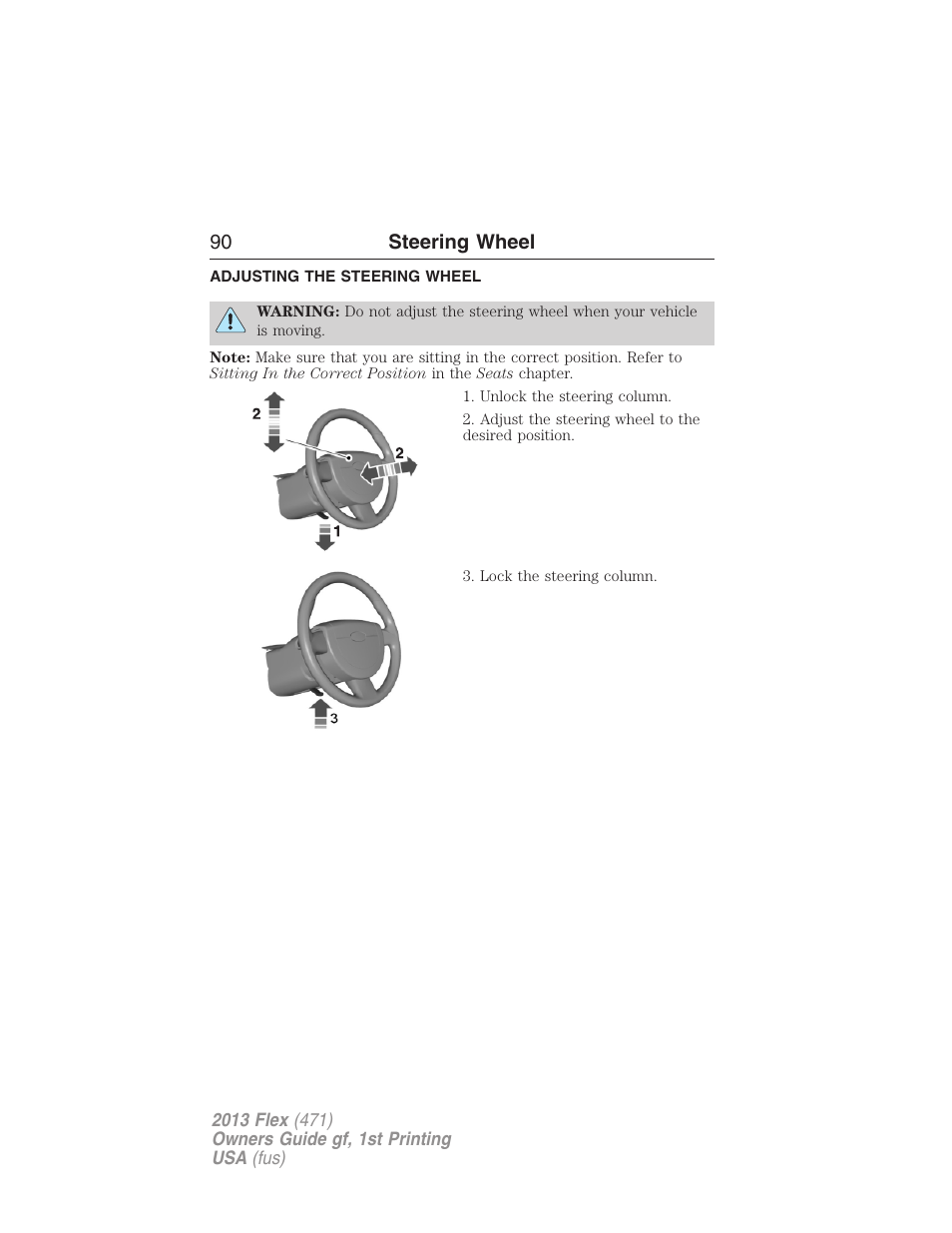 Steering wheel, Adjusting the steering wheel, 90 steering wheel | FORD 2013 Flex v.1 User Manual | Page 90 / 558