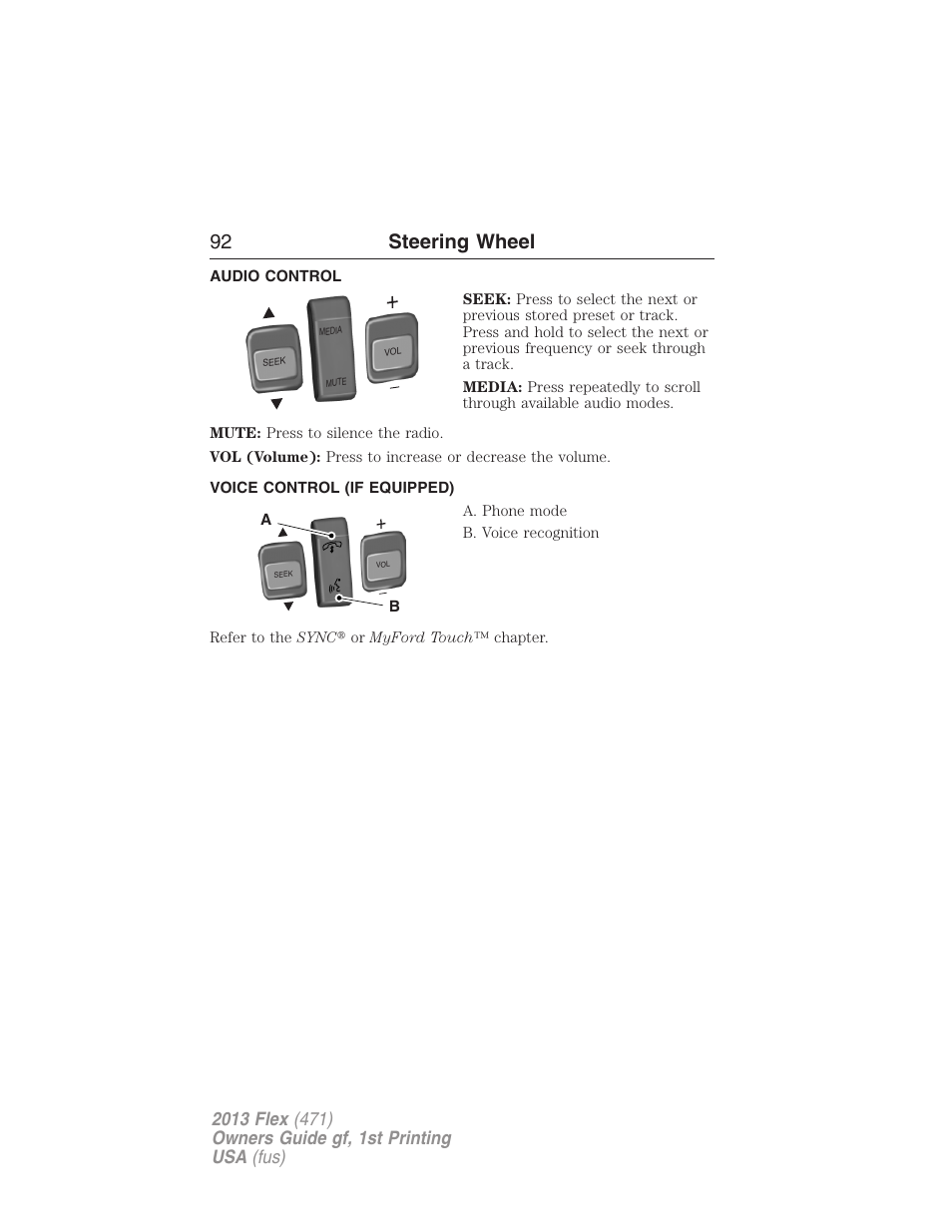 Audio control, Voice control (if equipped), Steering wheel controls | 92 steering wheel | FORD 2013 Flex v.1 User Manual | Page 92 / 558