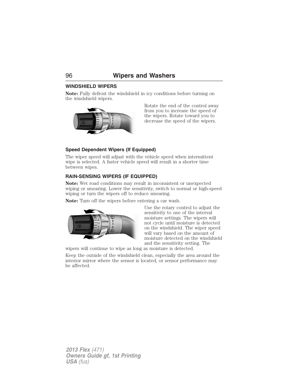 Wipers and washers, Windshield wipers, Speed dependent wipers (if equipped) | Rain-sensing wipers (if equipped), Rain-sensing wipers, 96 wipers and washers | FORD 2013 Flex v.1 User Manual | Page 96 / 558