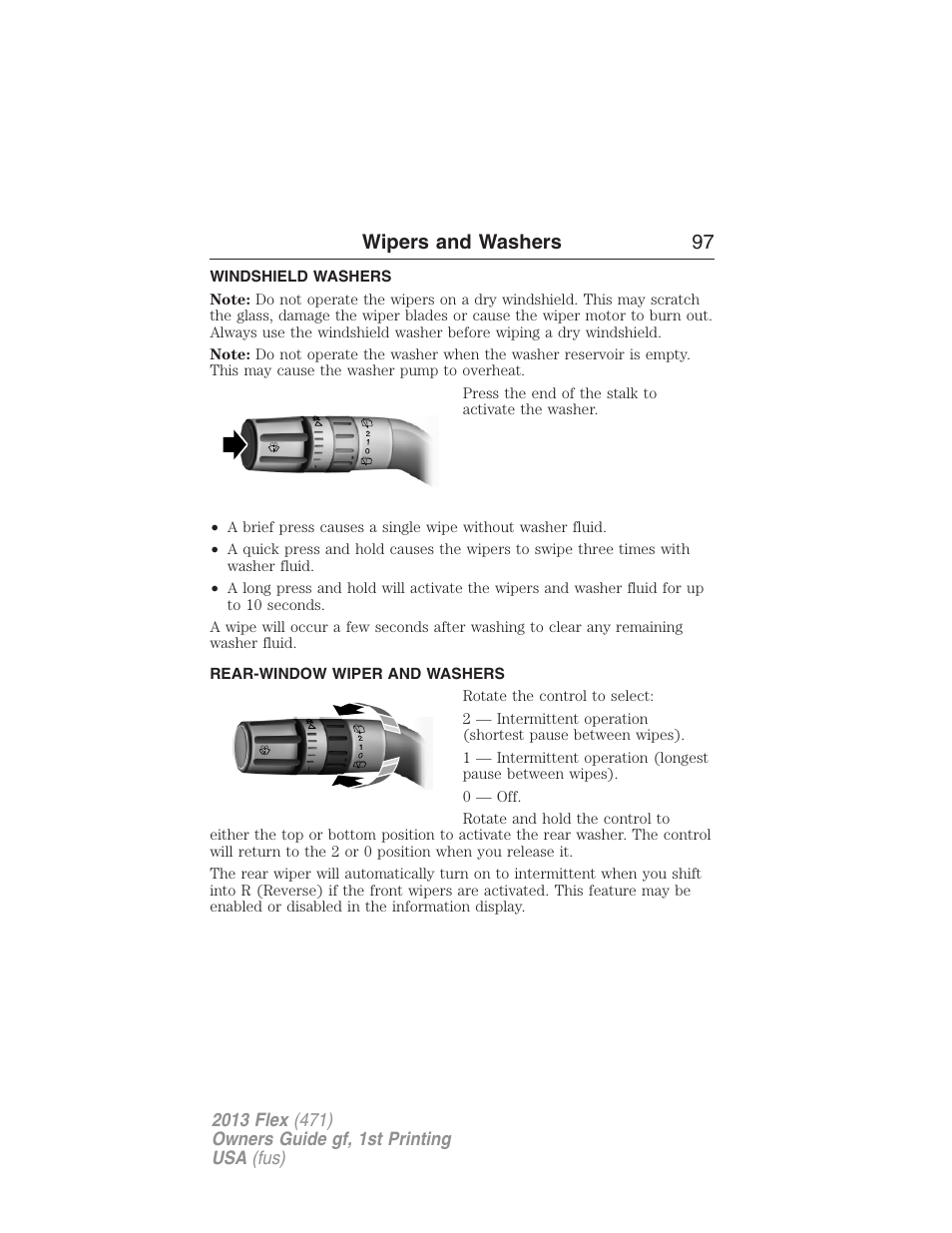 Windshield washers, Rear-window wiper and washers, Rear-window wiper and washer | Wipers and washers 97 | FORD 2013 Flex v.1 User Manual | Page 97 / 558