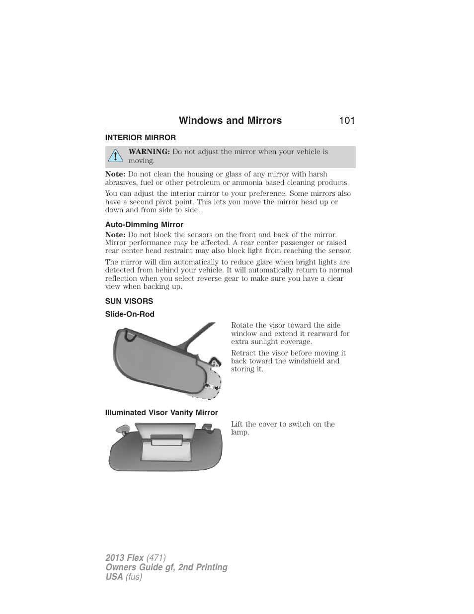 Interior mirror, Auto-dimming mirror, Sun visors | Slide-on-rod, Illuminated visor vanity mirror, Interior mirrors, Windows and mirrors 101 | FORD 2013 Flex v.2 User Manual | Page 101 / 535