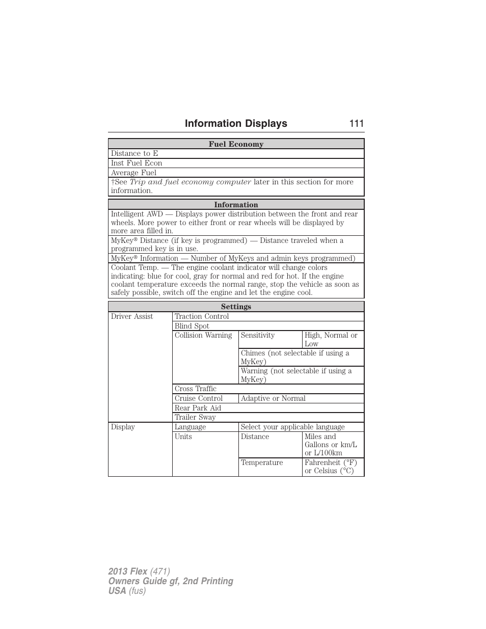 Information displays 111 | FORD 2013 Flex v.2 User Manual | Page 111 / 535