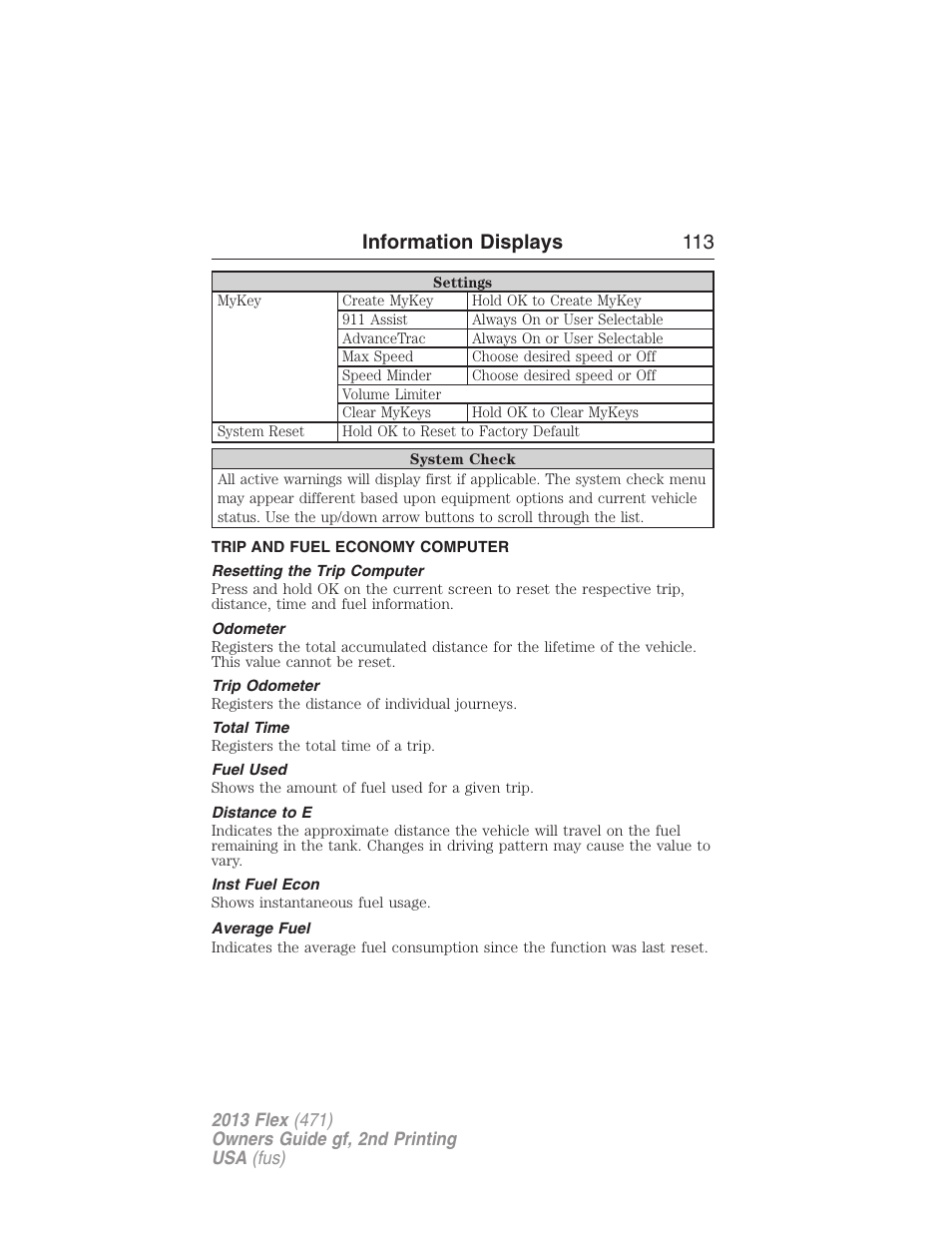 Trip and fuel economy computer, Resetting the trip computer, Odometer | Trip odometer, Total time, Fuel used, Distance to e, Inst fuel econ, Average fuel, Trip computer | FORD 2013 Flex v.2 User Manual | Page 113 / 535