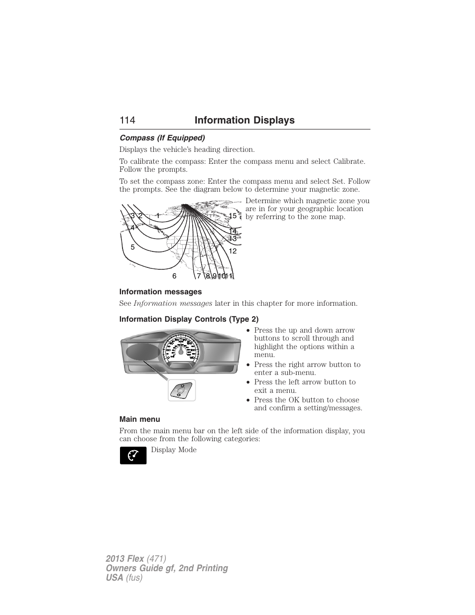 Compass (if equipped), Information messages, Information display controls (type 2) | Main menu, 114 information displays | FORD 2013 Flex v.2 User Manual | Page 114 / 535