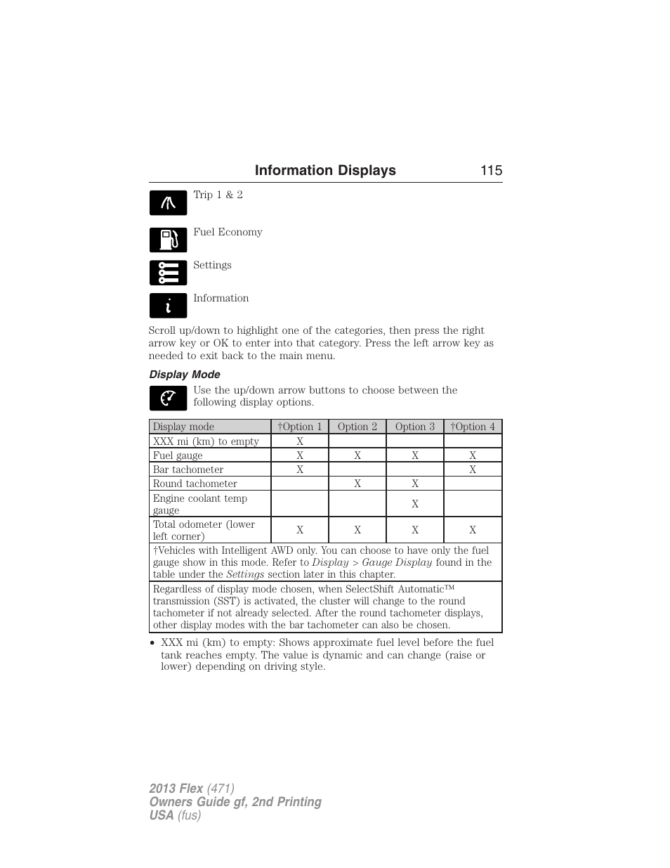 Display mode, Information displays 115 | FORD 2013 Flex v.2 User Manual | Page 115 / 535