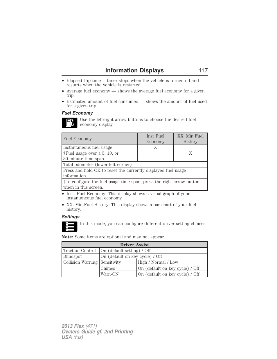 Fuel economy, Settings, Information displays 117 | FORD 2013 Flex v.2 User Manual | Page 117 / 535