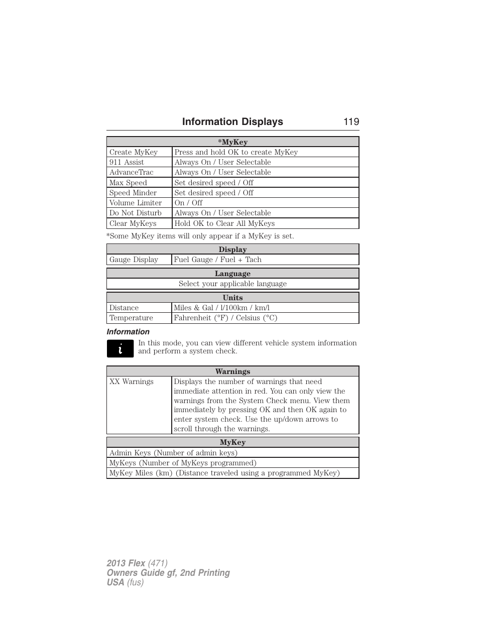 Information, Information displays 119 | FORD 2013 Flex v.2 User Manual | Page 119 / 535