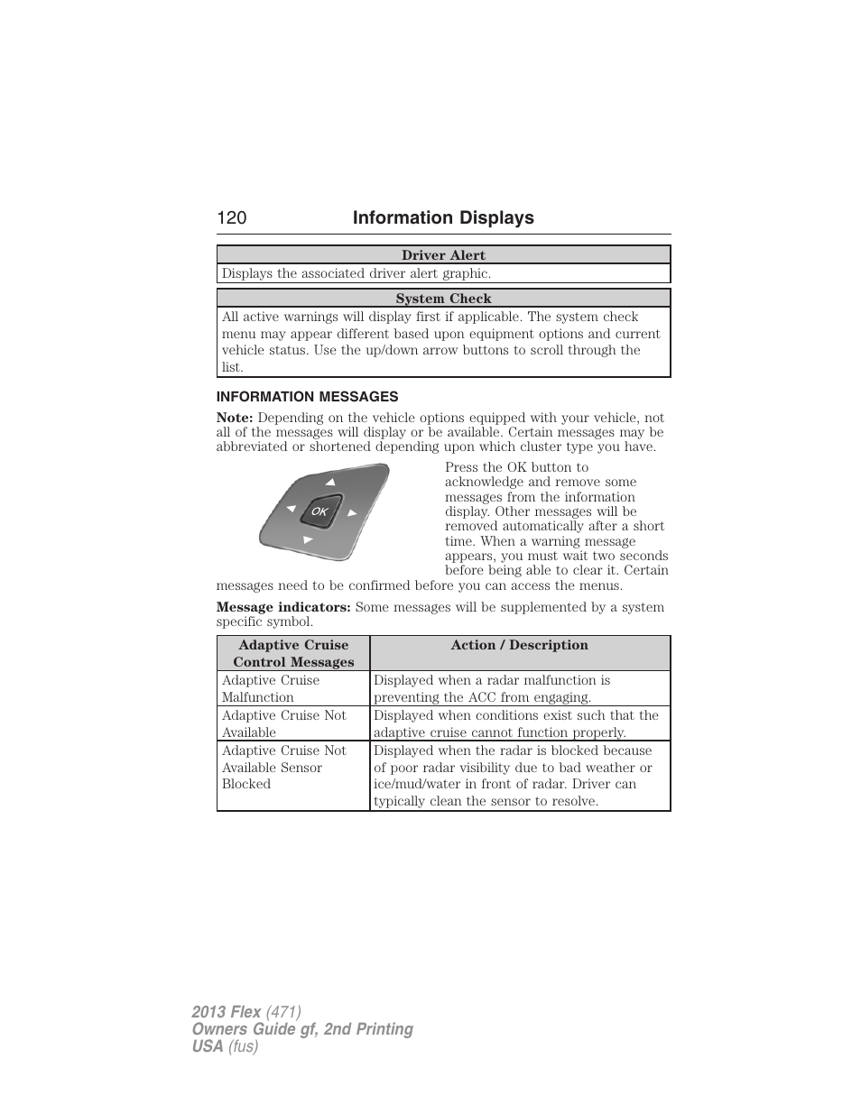 Information messages, 120 information displays | FORD 2013 Flex v.2 User Manual | Page 120 / 535