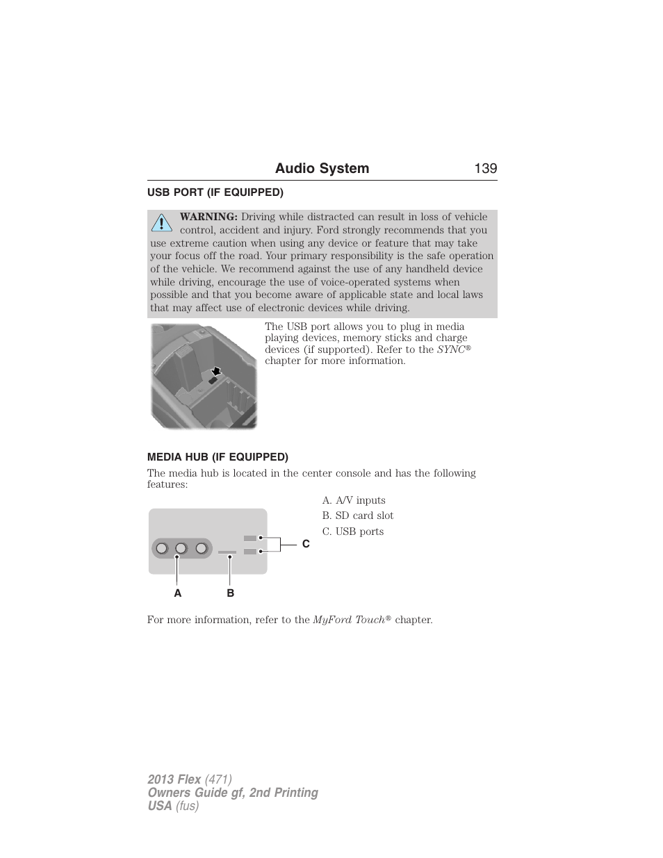 Usb port (if equipped), Media hub (if equipped), Usb port | Audio system 139 | FORD 2013 Flex v.2 User Manual | Page 139 / 535