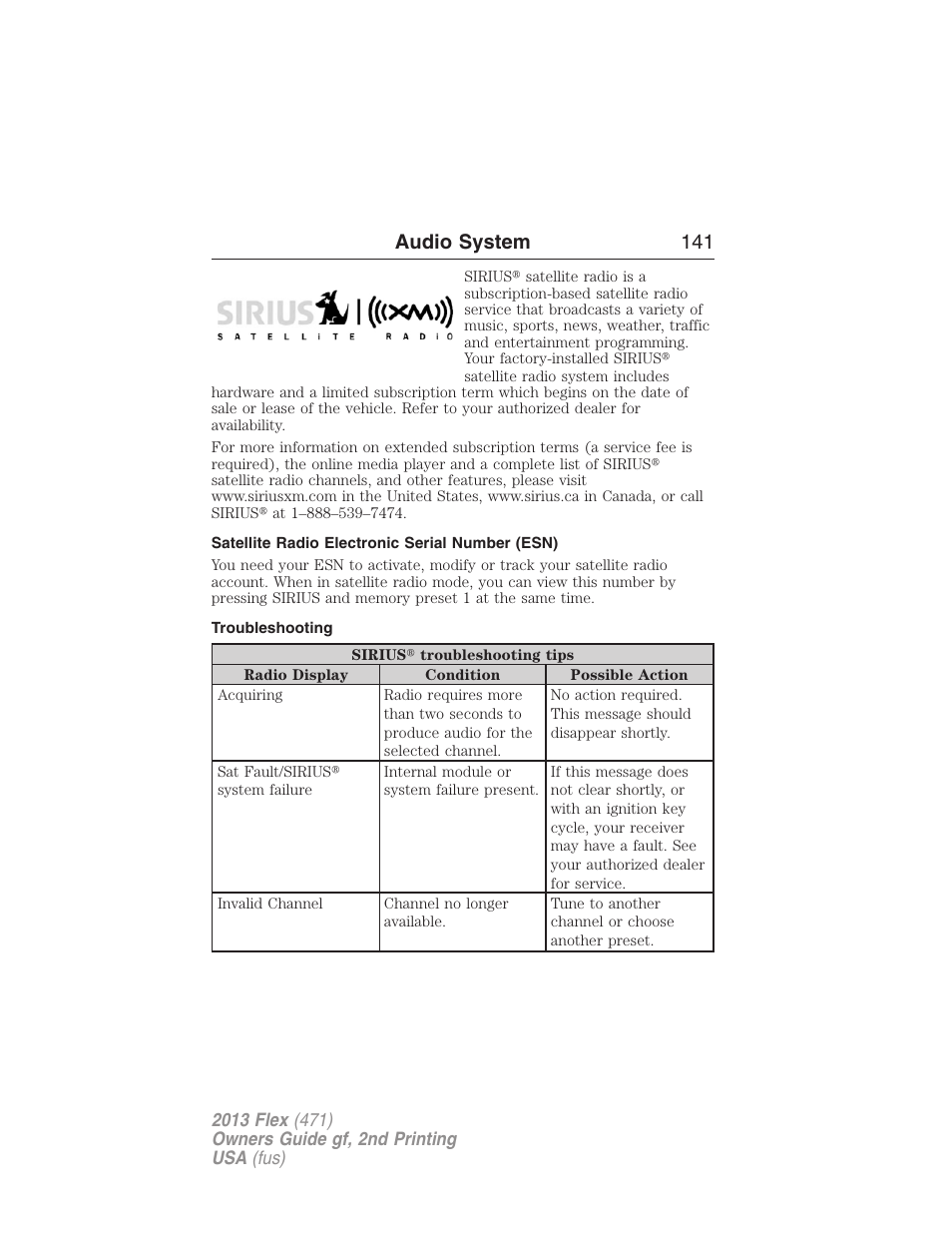 Satellite radio electronic serial number (esn), Troubleshooting, Audio system 141 | FORD 2013 Flex v.2 User Manual | Page 141 / 535