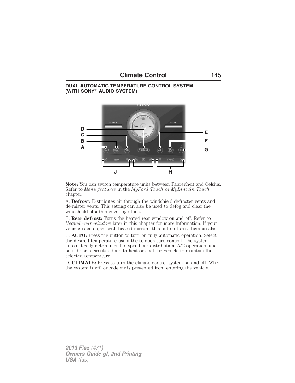 Dual automatic temperature control, Climate control 145 | FORD 2013 Flex v.2 User Manual | Page 145 / 535