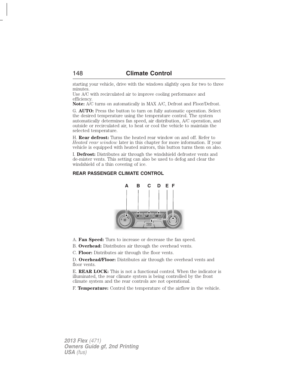 Rear passenger climate control, Auxiliary passenger climate control, 148 climate control | FORD 2013 Flex v.2 User Manual | Page 148 / 535