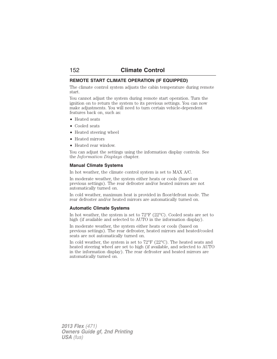 Remote start climate operation (if equipped), Manual climate systems, Automatic climate systems | 152 climate control | FORD 2013 Flex v.2 User Manual | Page 152 / 535
