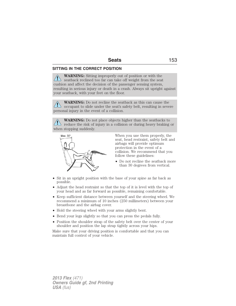 Seats, Sitting in the correct position, Seats 153 | FORD 2013 Flex v.2 User Manual | Page 153 / 535