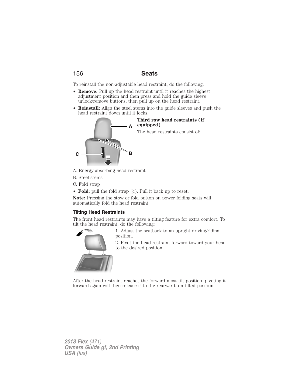 Tilting head restraints, 156 seats | FORD 2013 Flex v.2 User Manual | Page 156 / 535