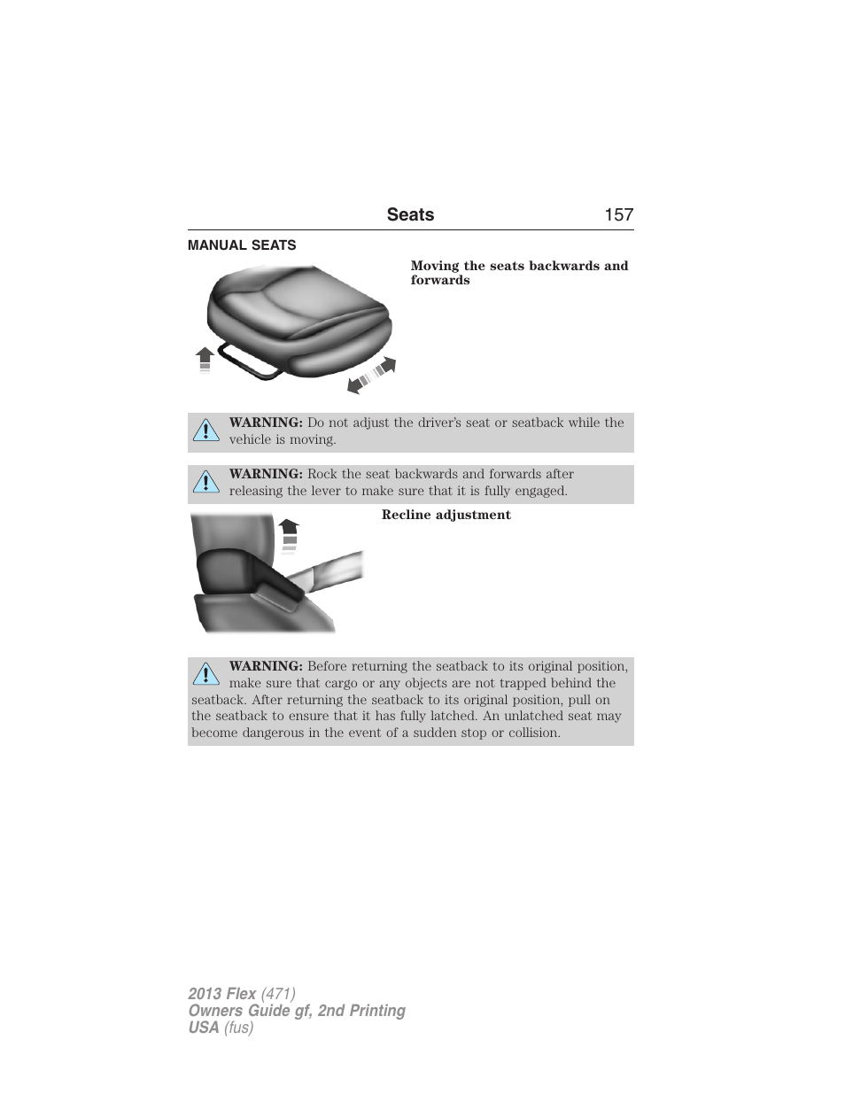 Manual seats, Seats 157 | FORD 2013 Flex v.2 User Manual | Page 157 / 535