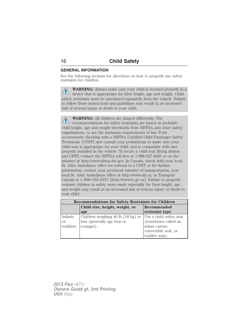 Child safety, General information, 16 child safety | FORD 2013 Flex v.2 User Manual | Page 16 / 535
