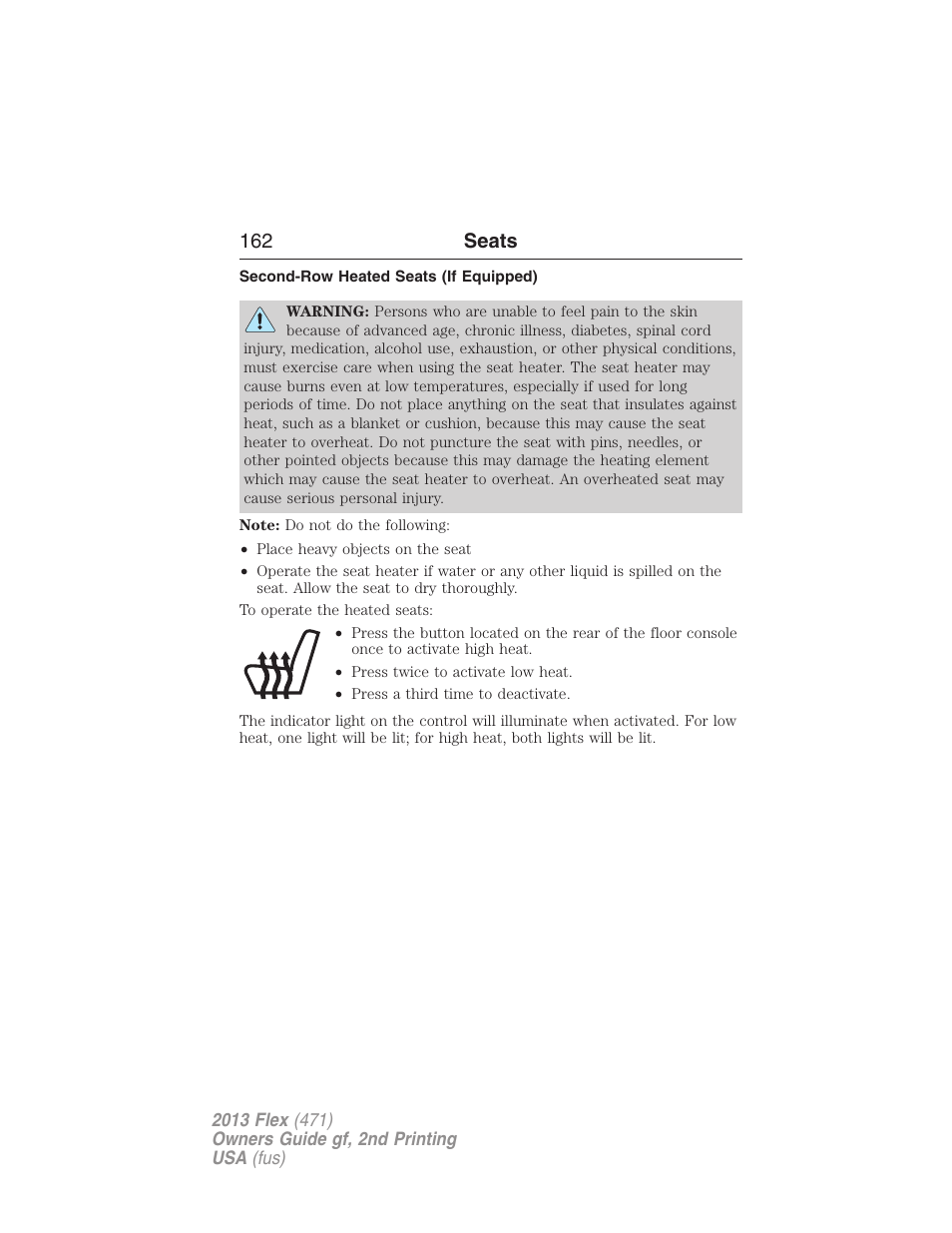 Second-row heated seats (if equipped), 162 seats | FORD 2013 Flex v.2 User Manual | Page 162 / 535