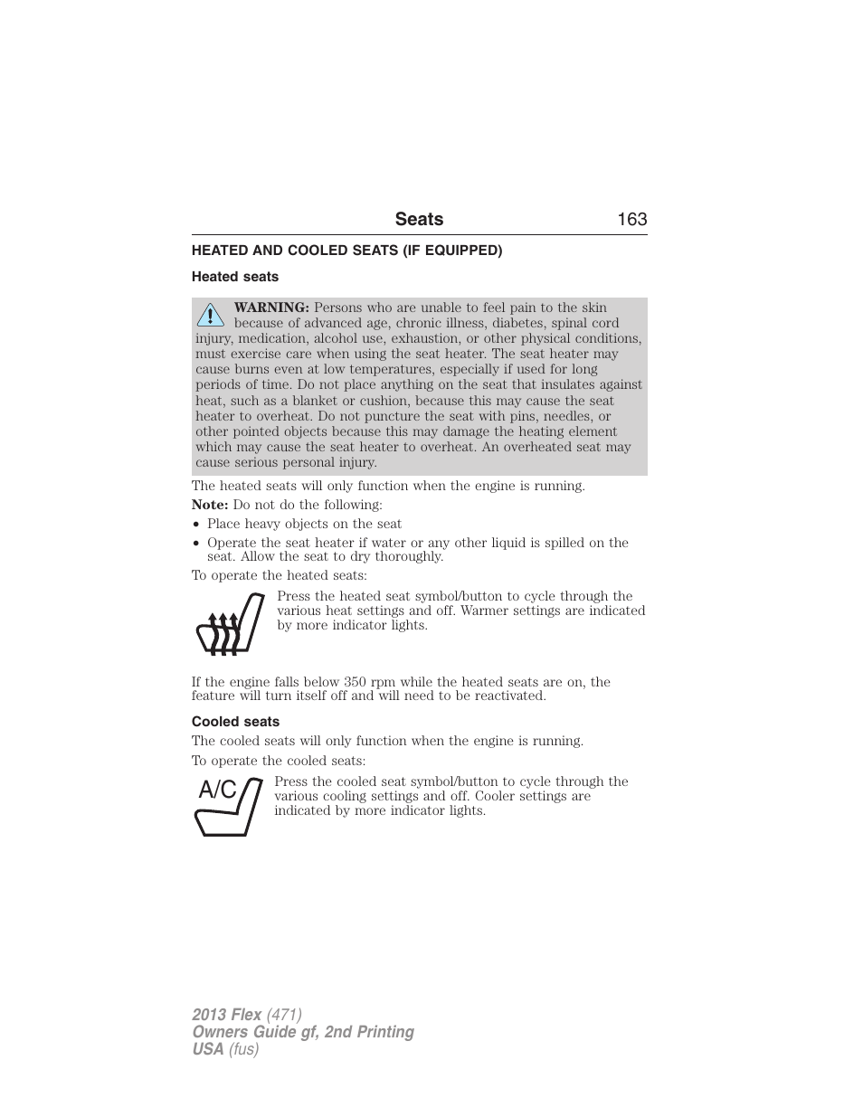 Heated and cooled seats (if equipped), Heated seats, Cooled seats | Heated and cooled seats, Seats 163 | FORD 2013 Flex v.2 User Manual | Page 163 / 535