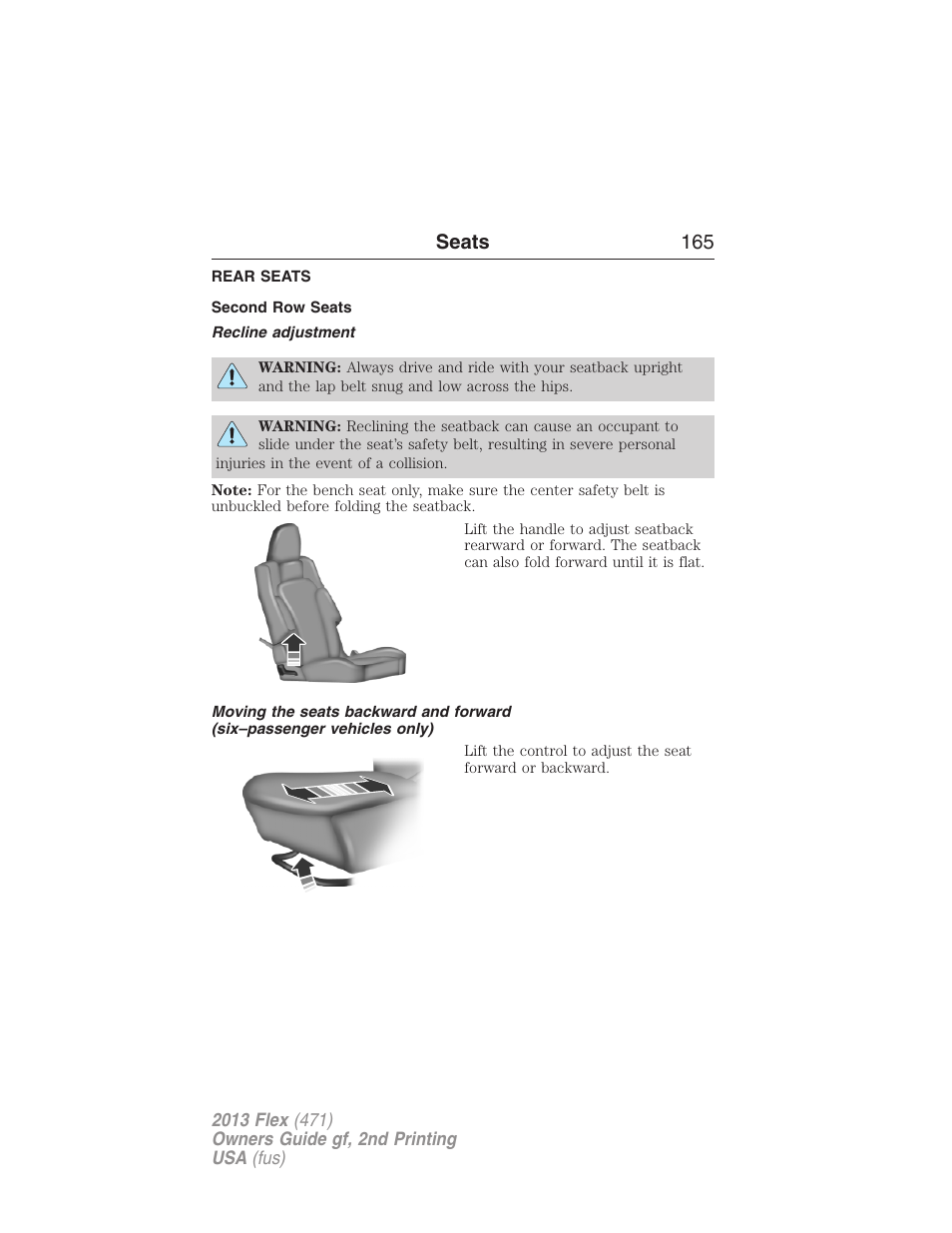 Rear seats, Second row seats, Recline adjustment | Seats 165 | FORD 2013 Flex v.2 User Manual | Page 165 / 535