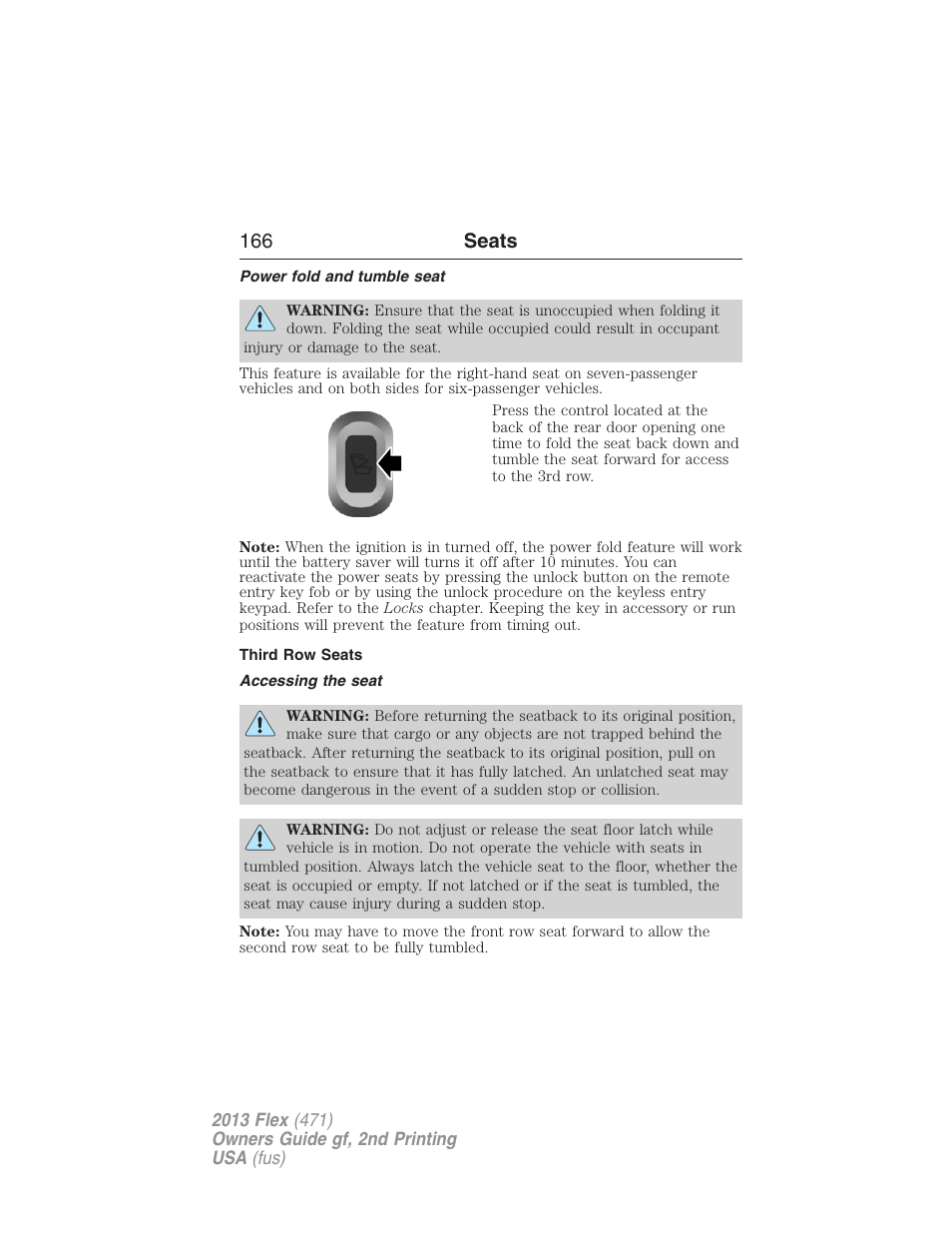 Power fold and tumble seat, Third row seats, Accessing the seat | 166 seats | FORD 2013 Flex v.2 User Manual | Page 166 / 535