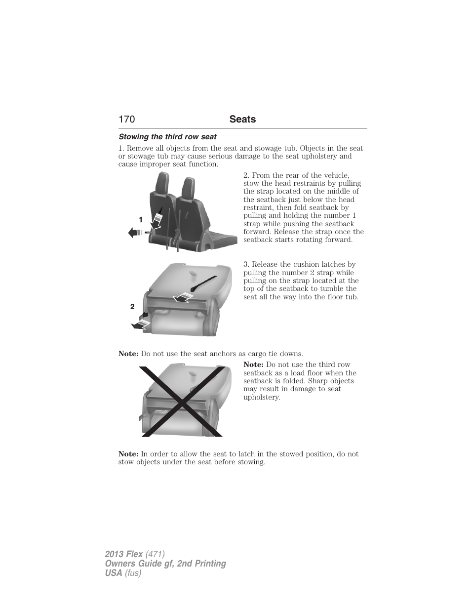 Stowing the third row seat, 170 seats | FORD 2013 Flex v.2 User Manual | Page 170 / 535